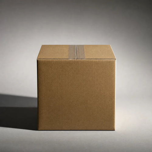 A plain kraft cardboard shipping box, closed and taped, on a warm grey background