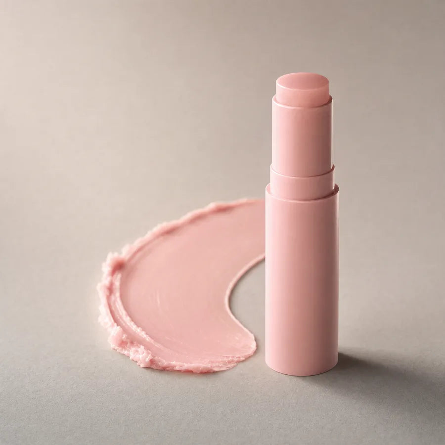 The pink balm stick twisted up above its rim beside a smear of the balm