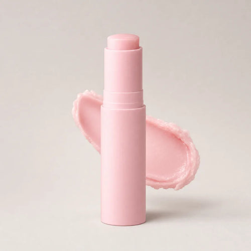 Pink twist-up multi balm stick standing upright beside a swatch of the pale pink balm