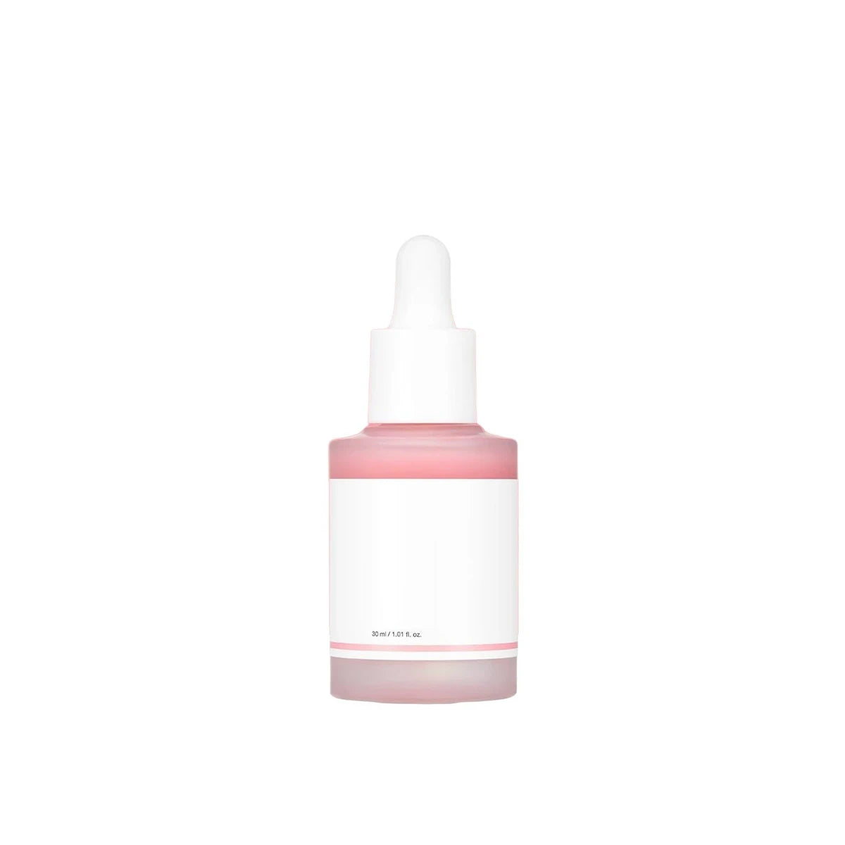 Pink glass dropper bottle with a plain white label reading 30 ml